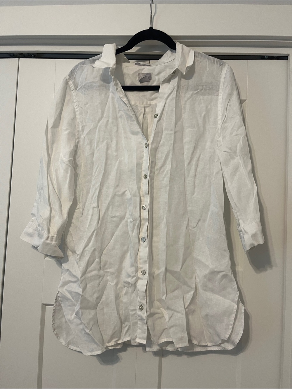 Linen Chico's Size 2 Ladies 12/14 12 14 White Button Down Longline Shirt